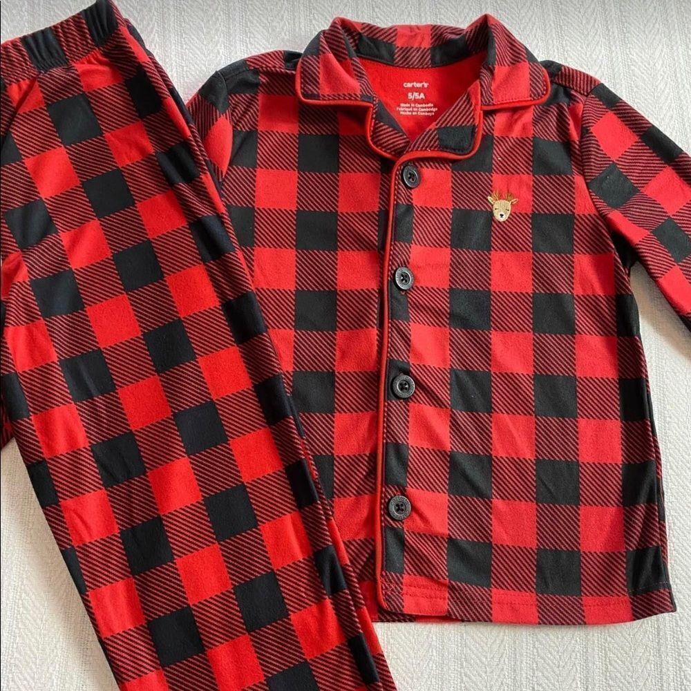 Carter’s Boys Plaid Pajama Set with embroidered deer on shirt